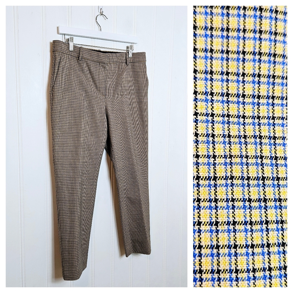 Theory Treeca Portland Check Wool Blend Pants Size 10 Blue Plaid Trousers